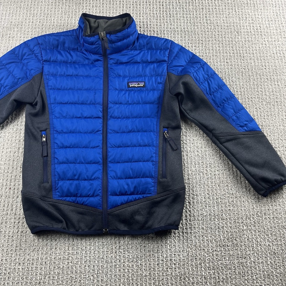 Patagonia Down Hybrid Puffer Jacket Boys Small 7-8 Royal Blue Gray Outdoor 68326